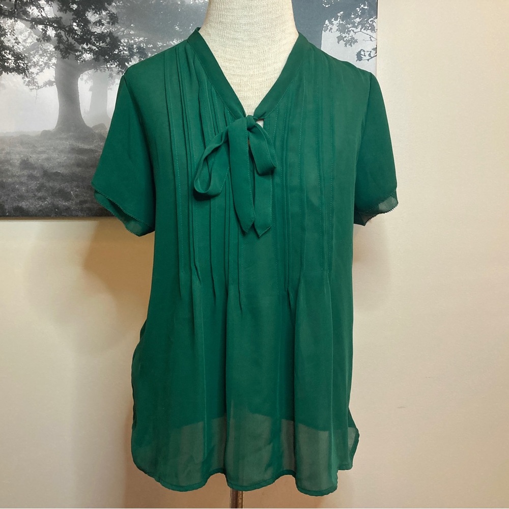 Lands’ End Petite Sheer Green Blouse with Necktie